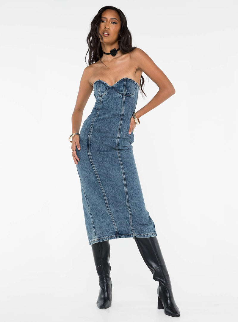 Smokeshow Strapless Midi Dress Blue Denim