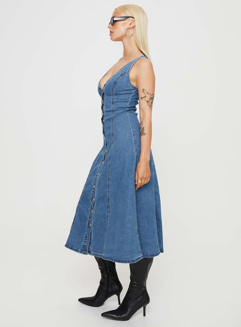 Midler Denim Midi Dress Mid Blue