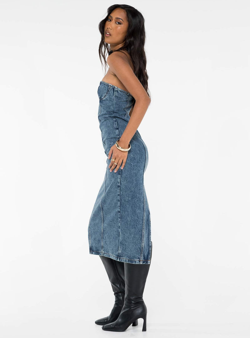 Smokeshow Strapless Midi Dress Blue Denim