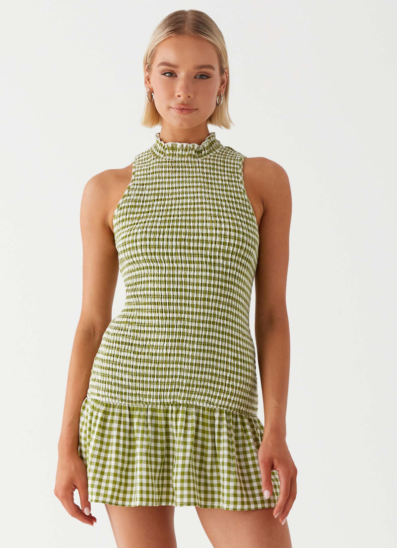 Cassie shirred Mini Dress - Khaki Gingham